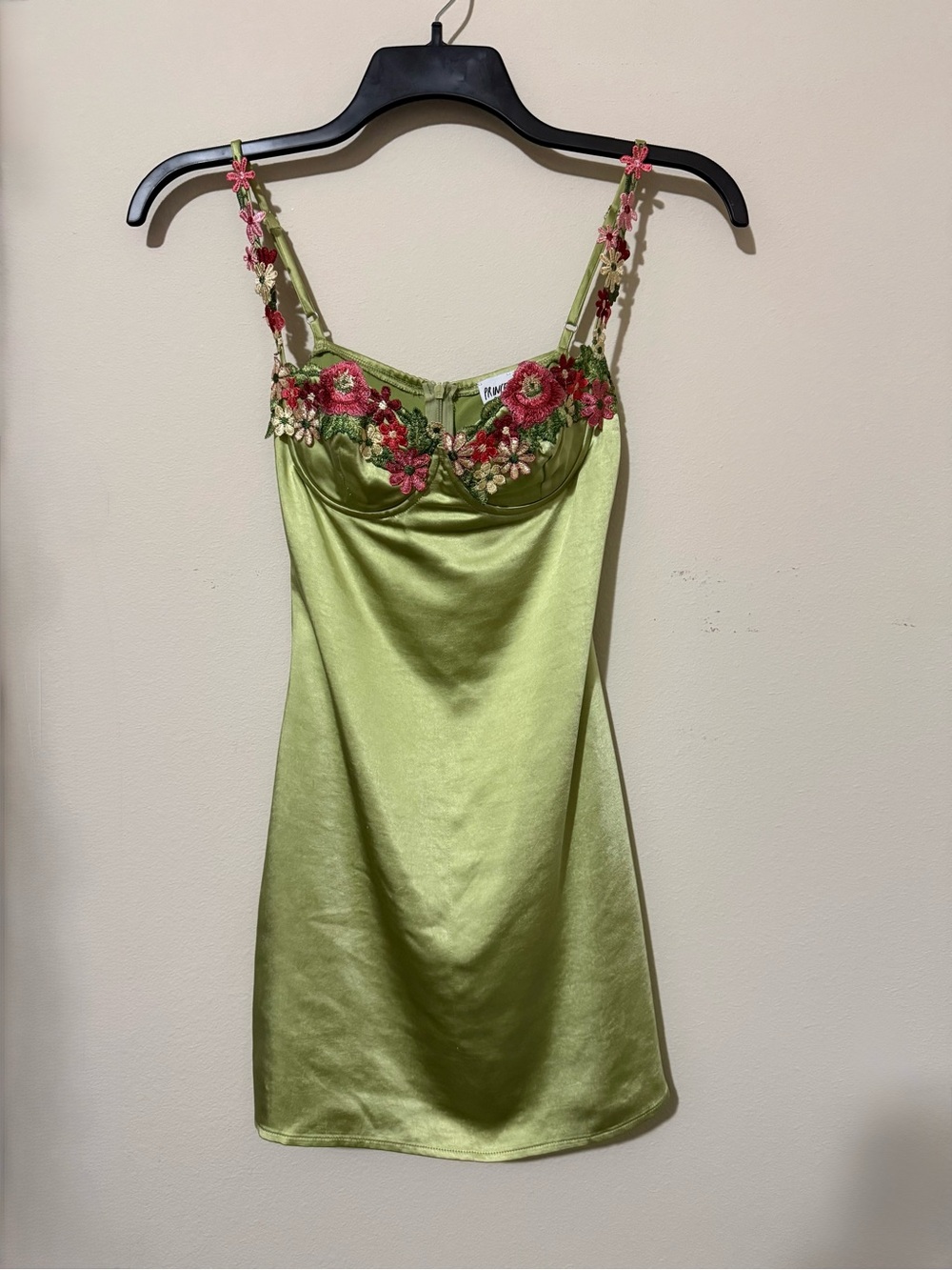 Princess Polly Light Green Satin Slip with Pink Floral Appliqué